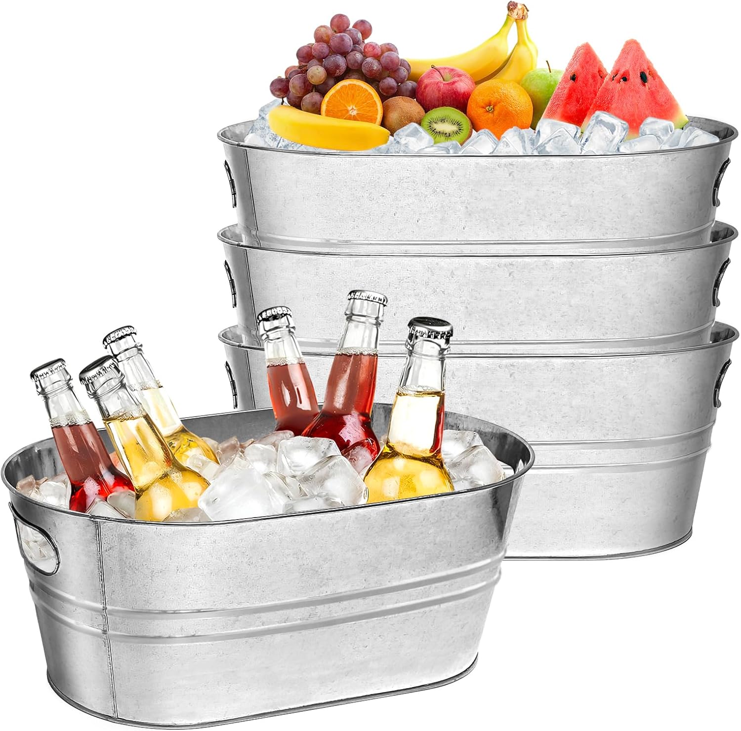 4 Pack Galvanized Tub Ice Bucket, 3 Gallon Large Metal Drink Buckets for Parties & Bars, Beer Beverage Tub with Carry Handles for Champagne, Cocktails, Wine Cooling, Mimosa Supplies