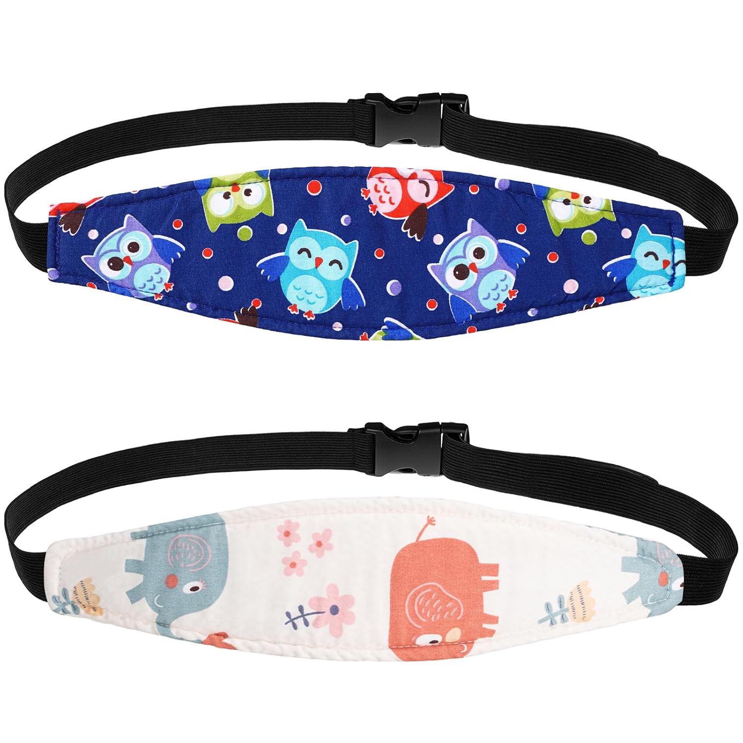 HESTYA 2 Pcs Carseat Head Support Toddler, Stroller Seat Headrest for Sleeping Traveling, Neck Relief Headband Strap for Kids Children Toddler Infant(Elephant and Owl)