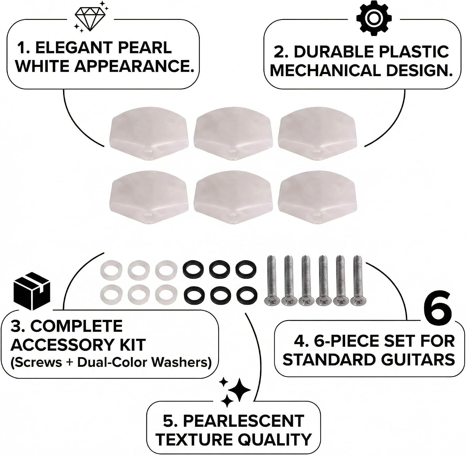 6PCS White Pearl Guitar Tuning Pegs, Plastic Machine Heads Tuner Buttons with Screws & Washers, Replacement Tuning Keys for Electric Guitar, Acoustic Guitar and Bass (Large white pearls) image 4