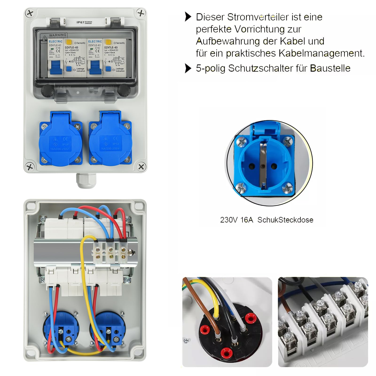 Baustromverteiler Wandverteiler Schuko CEE Steckdose Stromverteiler, 2x 16A 230V Bals Steckdose, 2x Fl-Schalter 25A 2-Polig