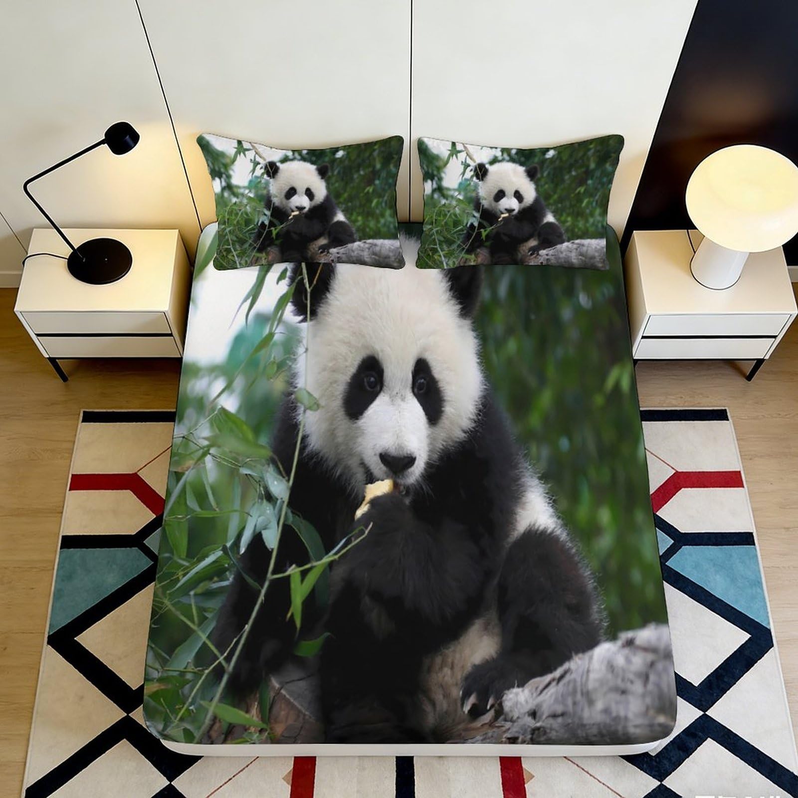 3D Printed Panda Fitted Sheet Microfiber Soft Breathable Bamboo Leaf Bed Cover for Bedroom Dormitory Guest Room Mattress Protection Decor 90x200x25cm