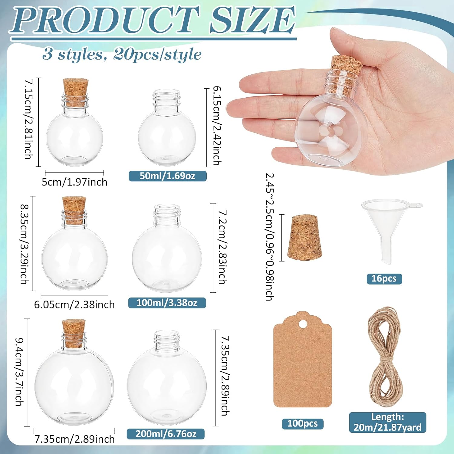 60 Pcs Spherical Plastic Potion Bottles with Cork, 1,3,6oz Ball Shape Round Sand Art Bottles with 16pcs Mini Funnels Mini Potion Jars for Wedding Cocktail Ornament Decorative