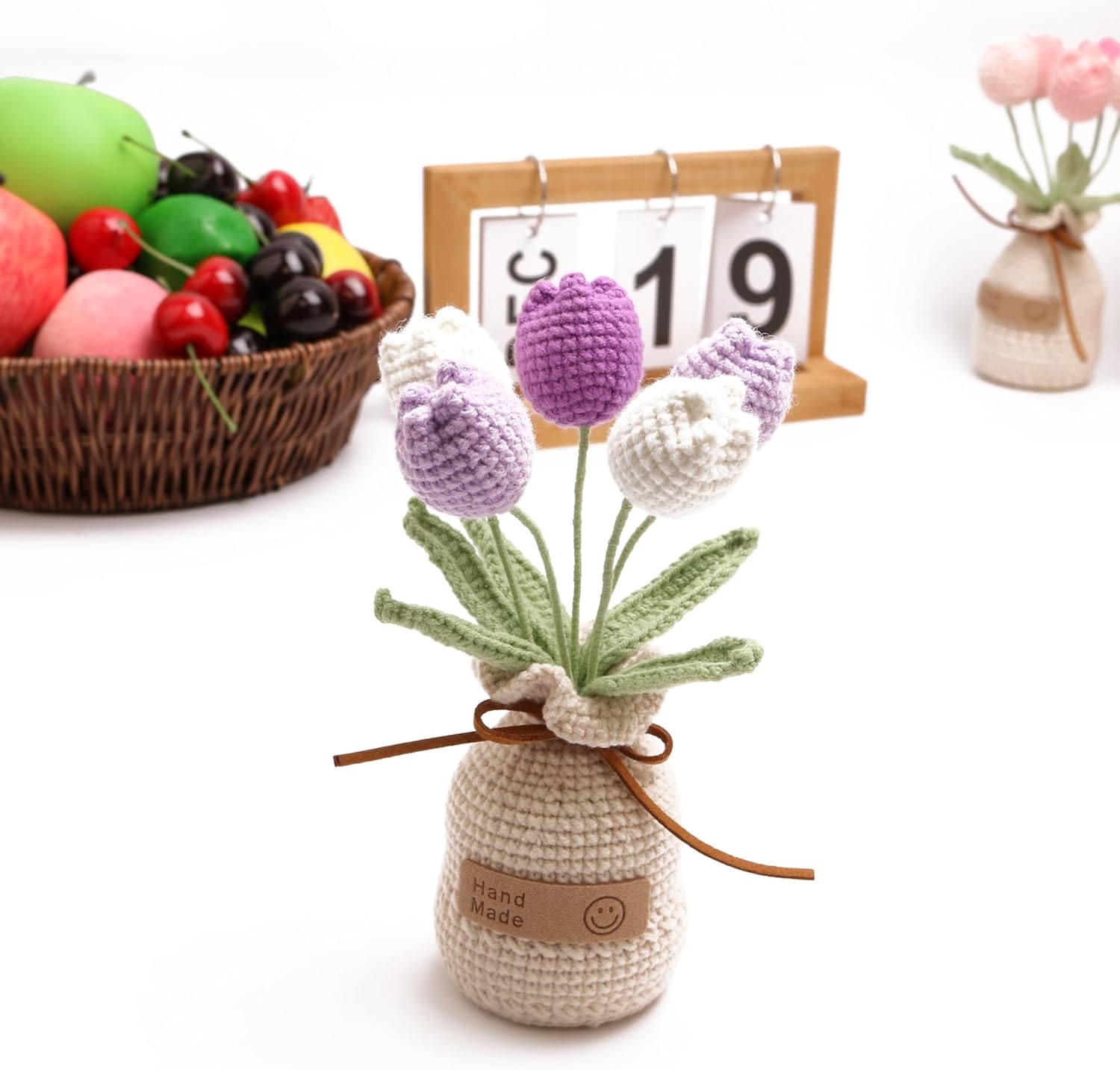 Crochet Woven Tulips with Wool,Simulation Plant Crochet Hand-Woven Flowers for Home Room Table Office Ornaments and Birthday Gifts for Family Friends Anniversary (5 Flowers-Purple) - Image 5