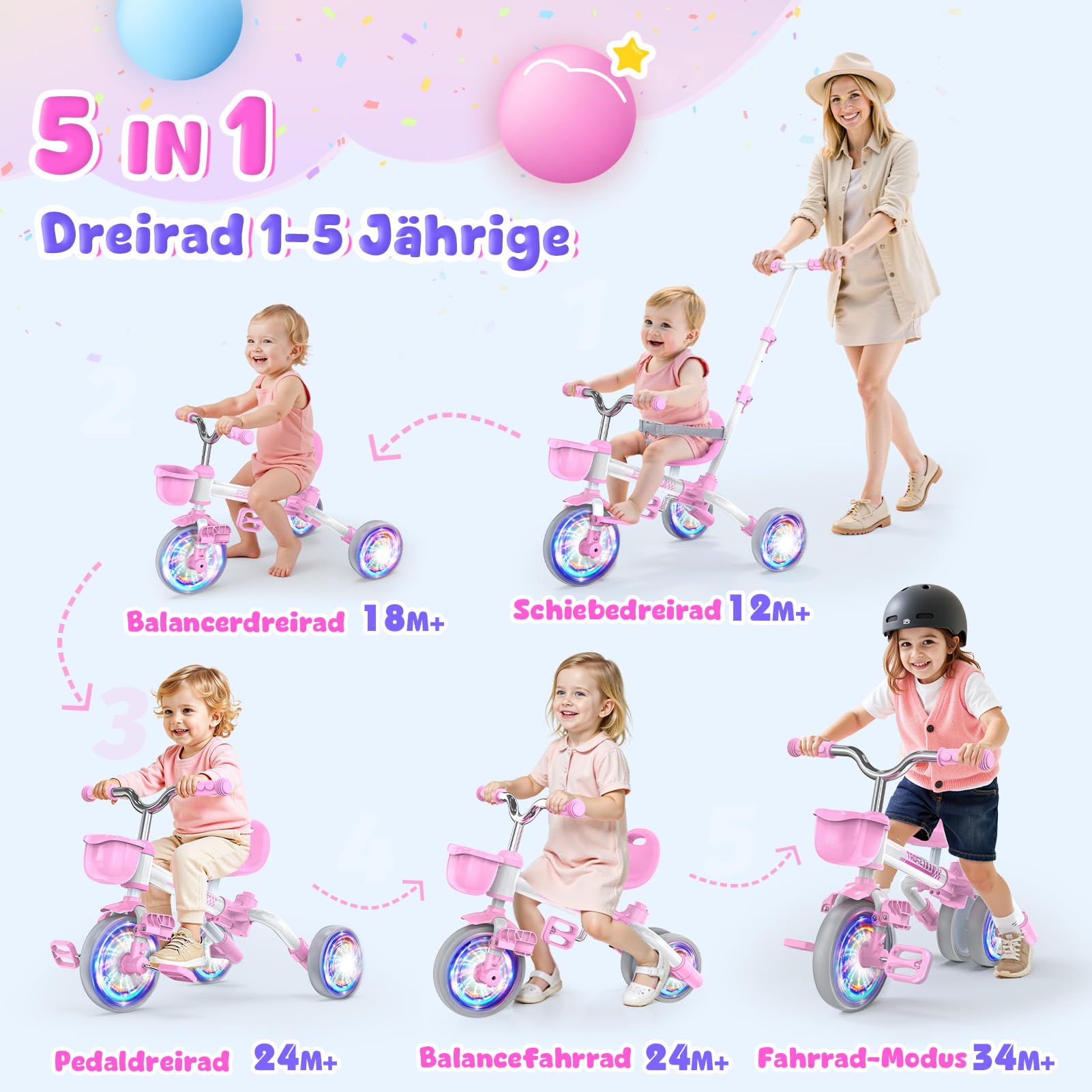 HappyGoLucky 5 in 1 Dreirad Mit Schubstange, Laufrad Ab 1-5 Jahre-Leuchtende Räder/Verstellbare Pedale&sitze, Spielzeug Geschenk Ab 1-5 Jahre Mädchen Ostern Kinderspielzeug Outdoor Spiele Spielzeug