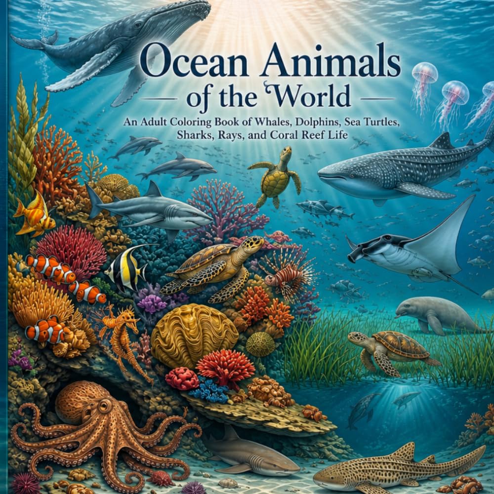 Ocean Animals of the World An Adult Coloring Book of Whales, Dolphins, Sea Turtles, Sharks, Rays, and Coral Reef Life: An Adult Grayscale Coloring ... of the World Adult Grayscale Coloring Book)