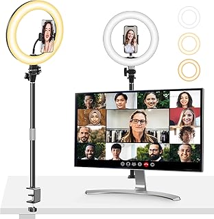 Desk Ring Light with Mount Stand for Home Office/Video Recording/Video Conference/Zoom Meeting/Photography,10'' LED Desk Lamp with Clamp Stand and Phone Holder for Laptop/Computer/Phone/Webcam