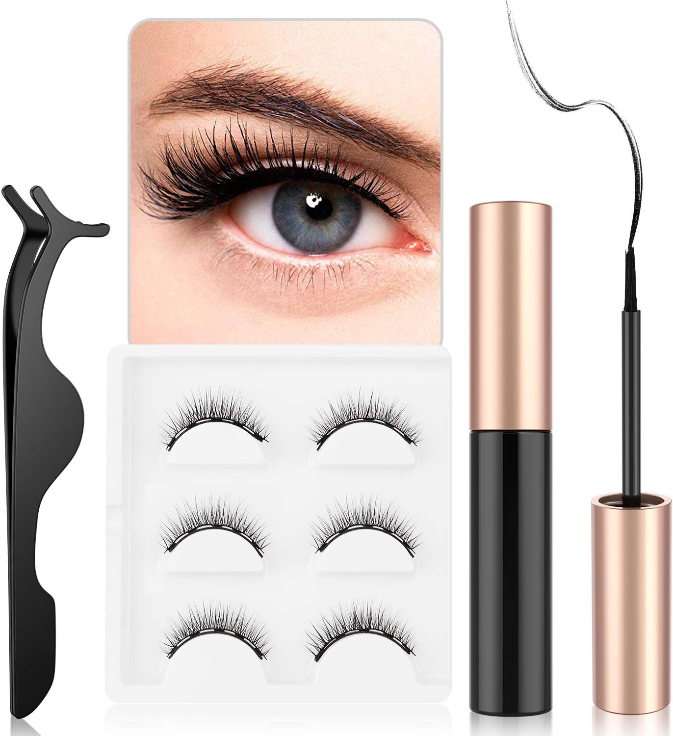 3D Magnetic Eyelashes with Eyeliner, Magnetic Eyeliner and Lashes Magnetic Eyelashes Kit with Tweezers-Reusable Eyelashes No Glue Needed (3-Pairs)