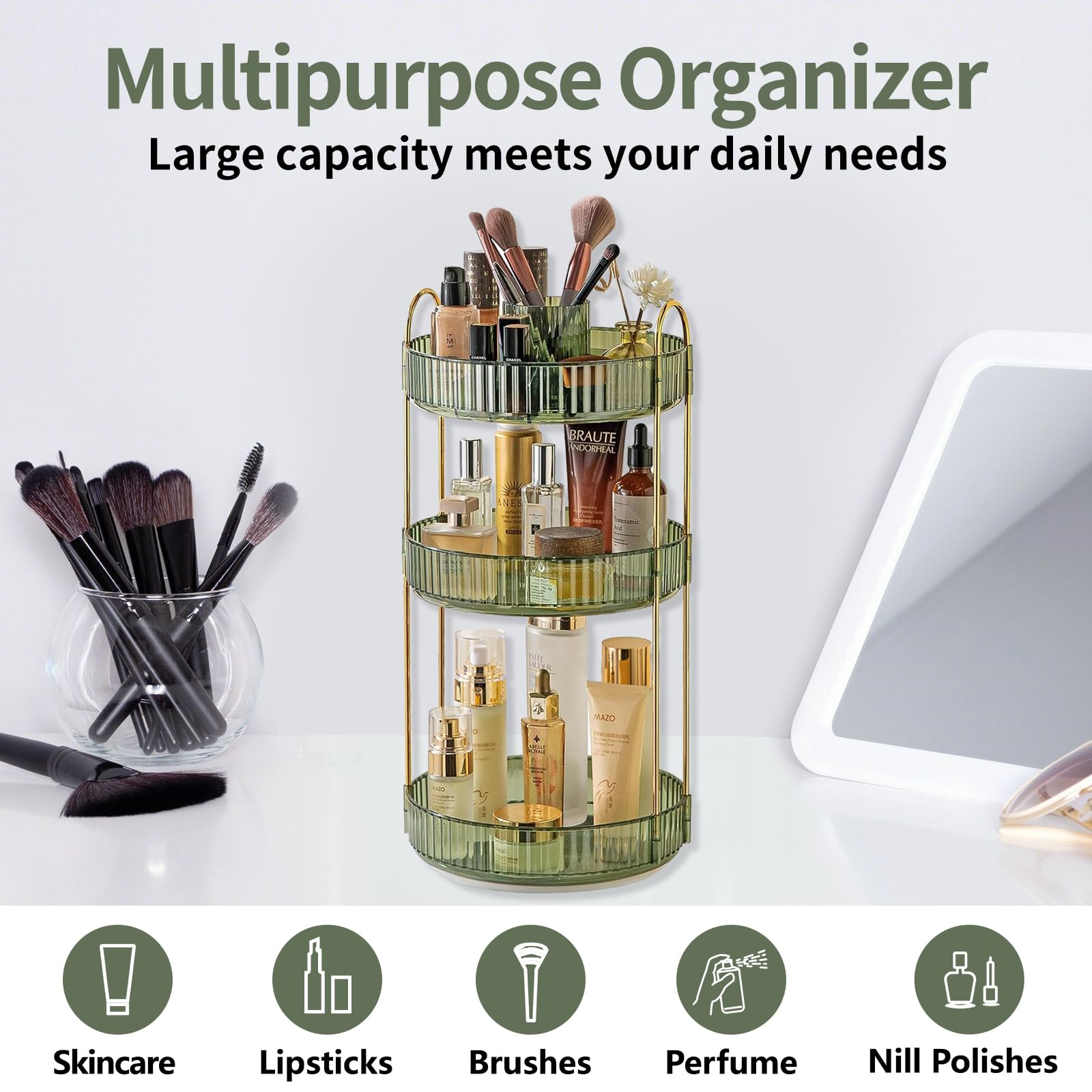 Asayuee Organizador de maquillaje giratorio de 360 grados, organizadores de maquillaje de gran capacidad de 3 niveles y almacenamiento, organizadores de tocador de perfume para el cuidado de la piel
