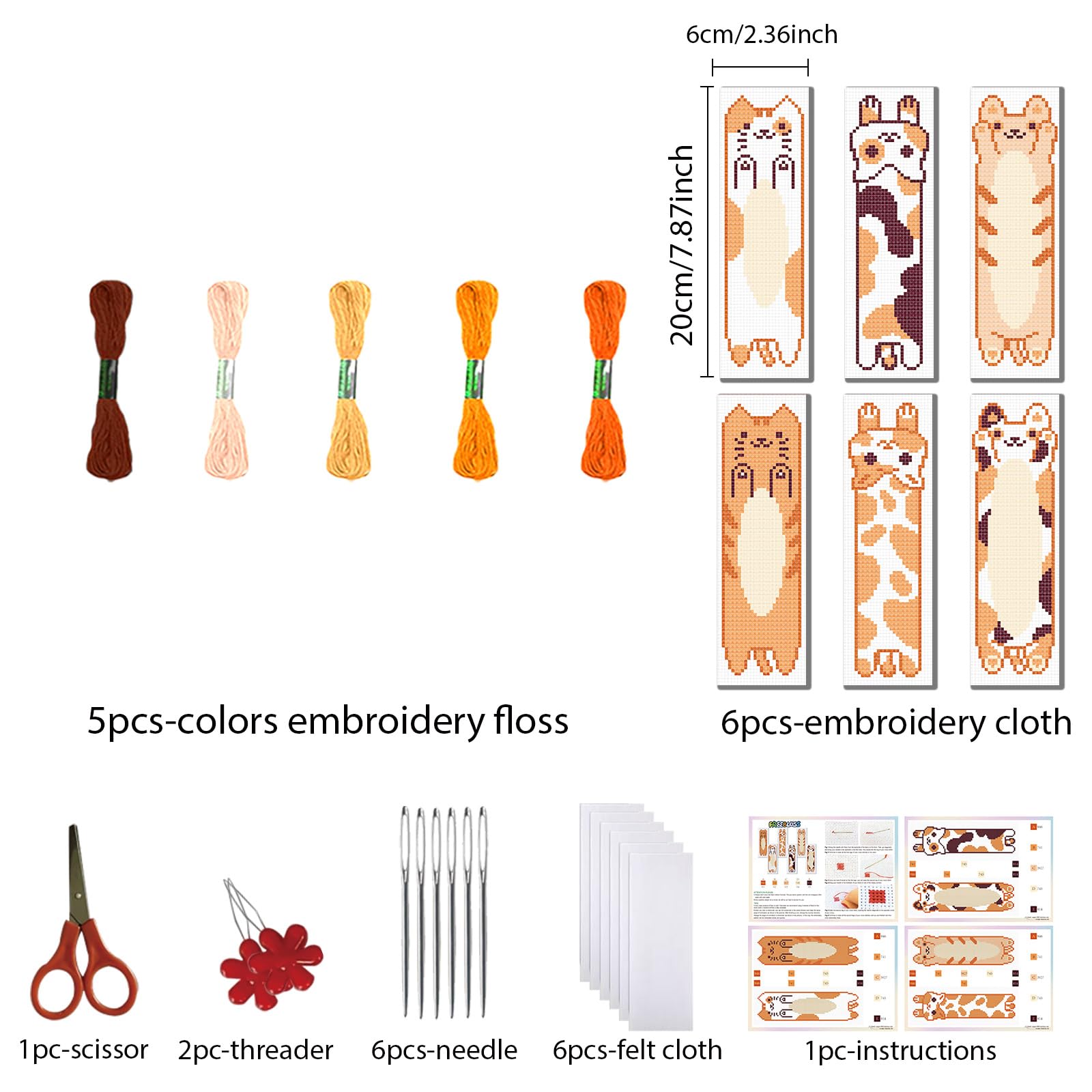 FREEBLOSS 6 Set Cross Stitch Bookmark Kit Stamped Cross Stitch Kit Orange Cats Theme Embroidery Set including Instruction for Adults 8''*2.4'' - Image 2