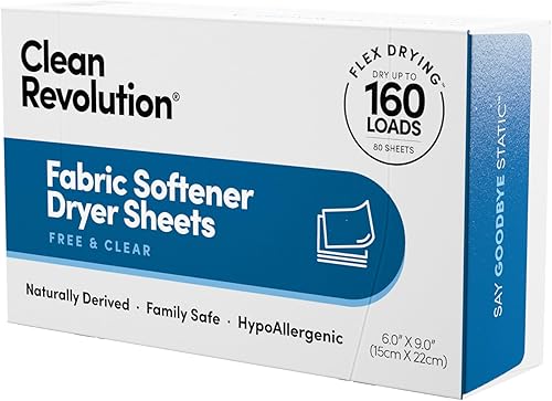 Clean Revolution Hojas de secado de suavizante de tela natural, 80 hojas, 160 cargas, sin fragancia para pieles sensibles, fabricadas en los Estados
