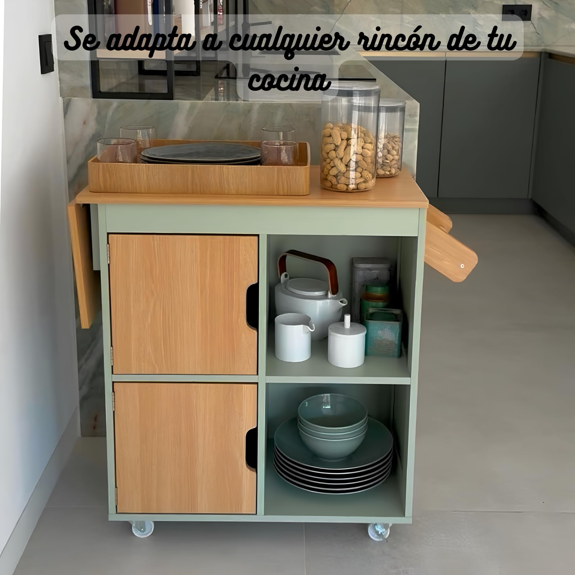 Isla de Cocina con Ruedas, Carrito de Cocina de Madera Verde, Mueble Desayunador Pequeño Auxiliar con Encimera Extensible, Armario Móvil para Cafetera y Microondas
