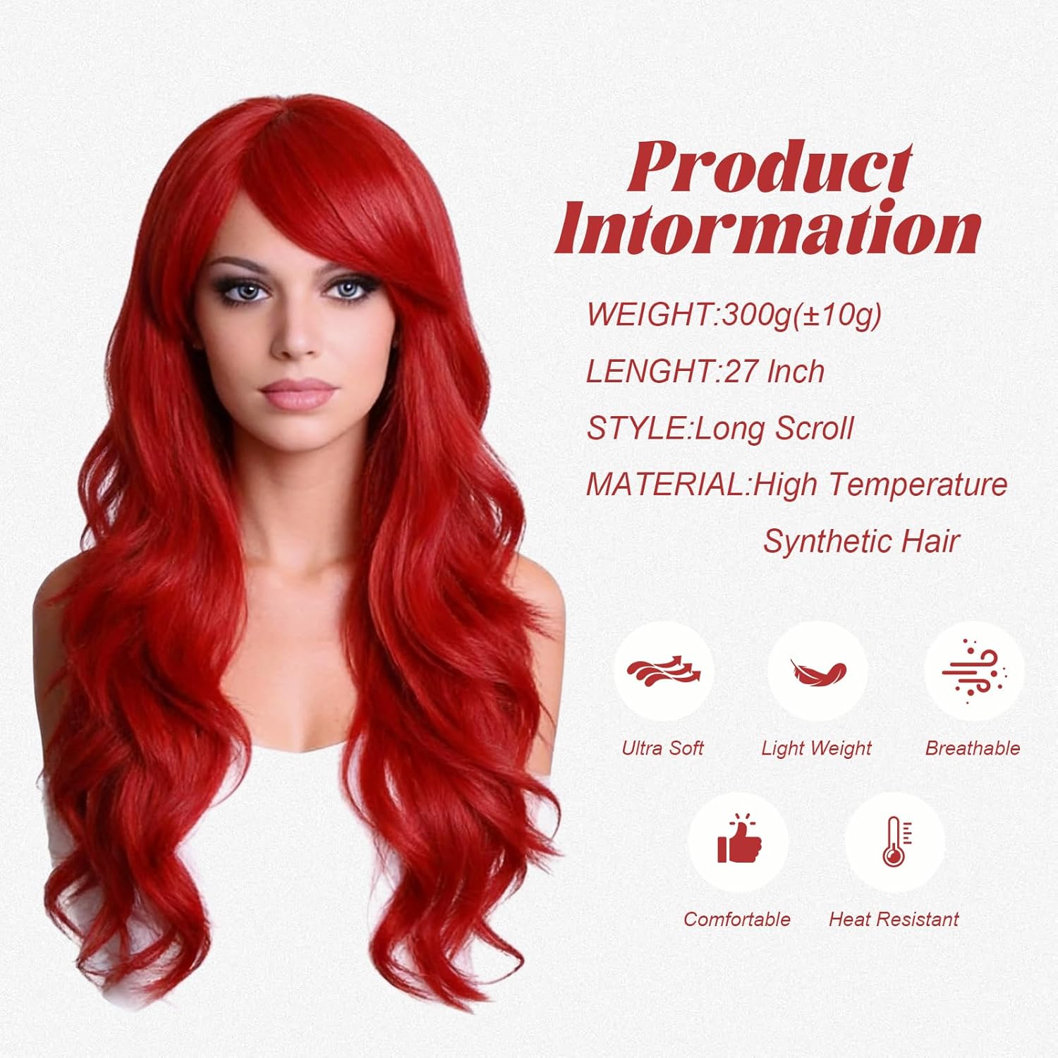 27 Inch Red Wig, Trendy Long Curly Hair, Cosplay Wig with Mesh Hairnet, Heat Resistant,Breathable and Comfortable - Image 3