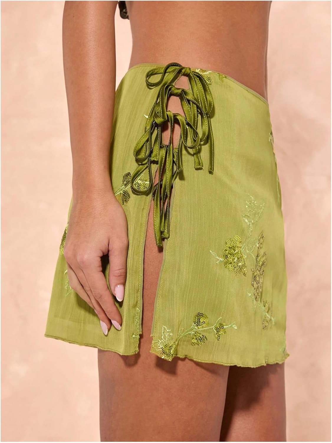 MakeMeChic Women's Floral Embroidery Mini Skirt Low Waist Tie Side Split Skirts - Image 2