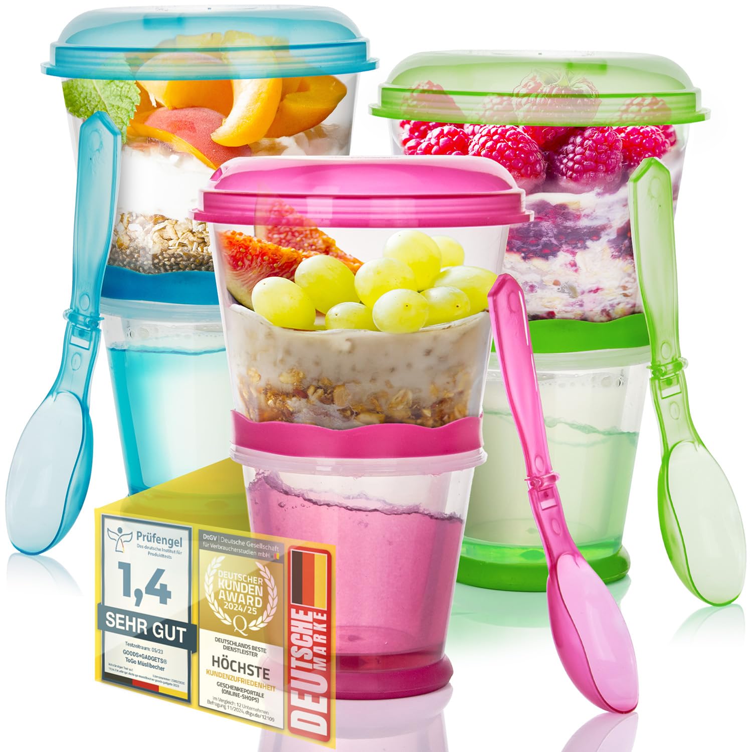 GOODS+GADGETS Müslibecher to Go Deluxe - Joghurt-Becher für unterwegs - Reise Lunchpot mit Löffel und Iso-Kühlfach für Müsli, Cerealien, Porridge und Obst (3, Blau, Rot, Grün)
