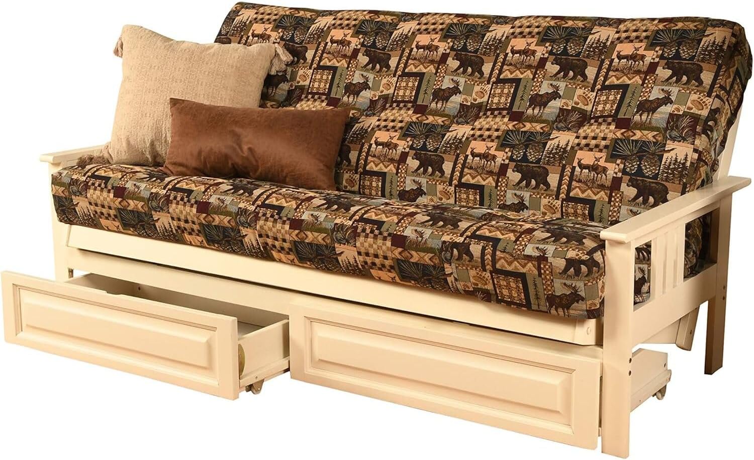Homestock Modern Muse Wood Futon Frame Set with Storage Drawers, Classic Style with Mission Style Arms with Solid Pattern with Foldable Feature for Lounge Room with Tight Back Peter's Cabin/Antique Wh