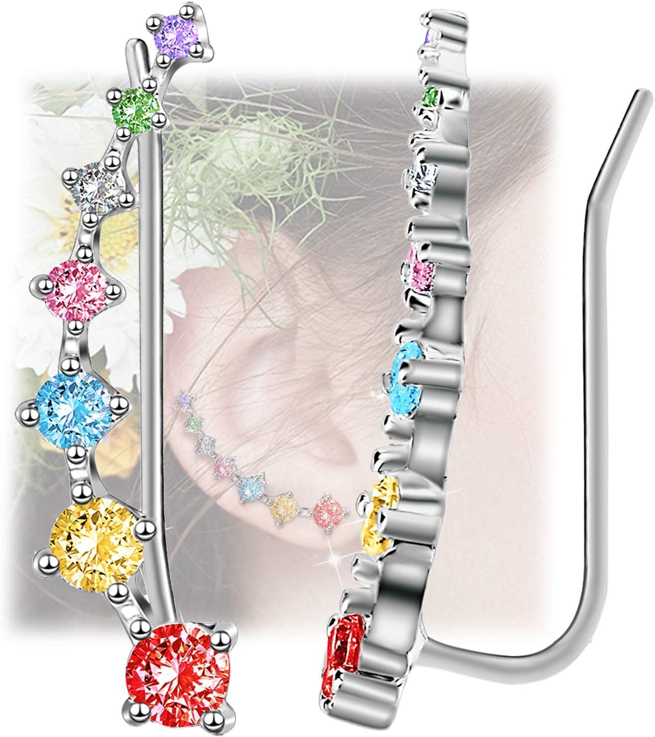 Sterling Silver Climber Earrings for Women 7 Crystals Ear Cuffs Cartilage Hypoallergenic Jewelry Dainty Fashion Birthday Gift for Women