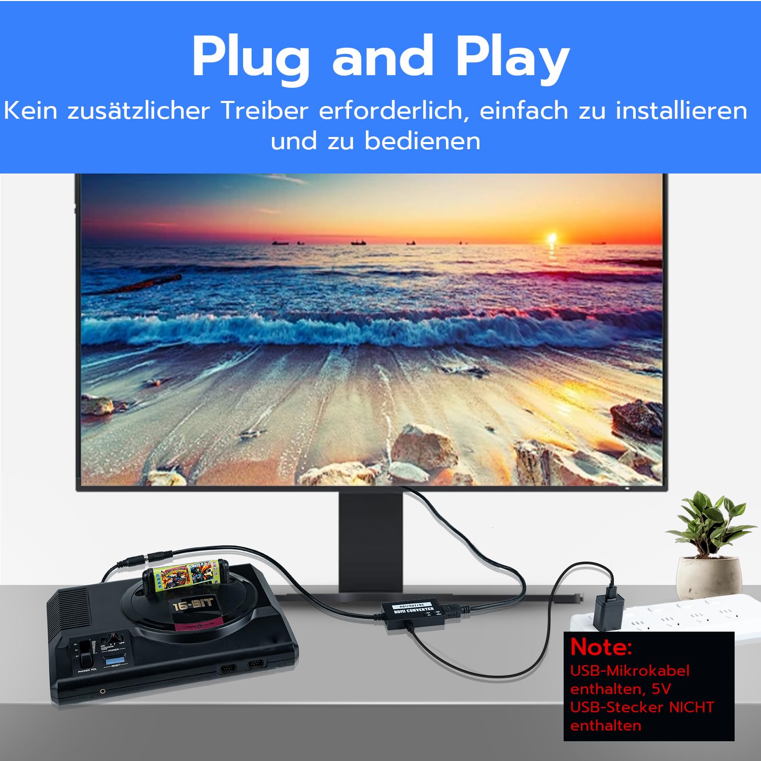Mcbazel Nahtloser Mega Drive/NEOGEO HDMI-Adapter für HDTV, Multifunktions-Videokonverter 4:3/16:9, 720P/1080P für Mega Drive 1/Mega Drive 2/NEOGEO