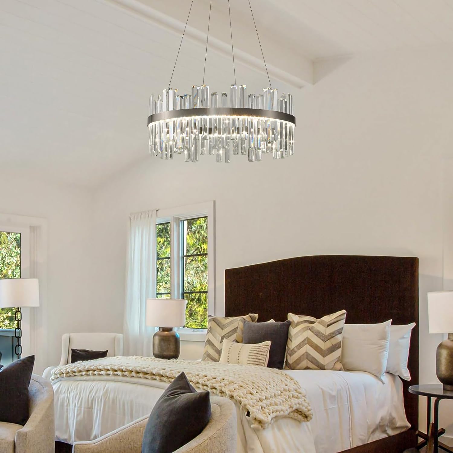 Nickel Led Modern Crystal Chandelier: 23.6" Round K9 Luxury Smoke Grey & Clear Crystal 3 Color Dimmable Contemporary Chandeliers for Dining Room Light over Table - Adjustable Height Light with Remote