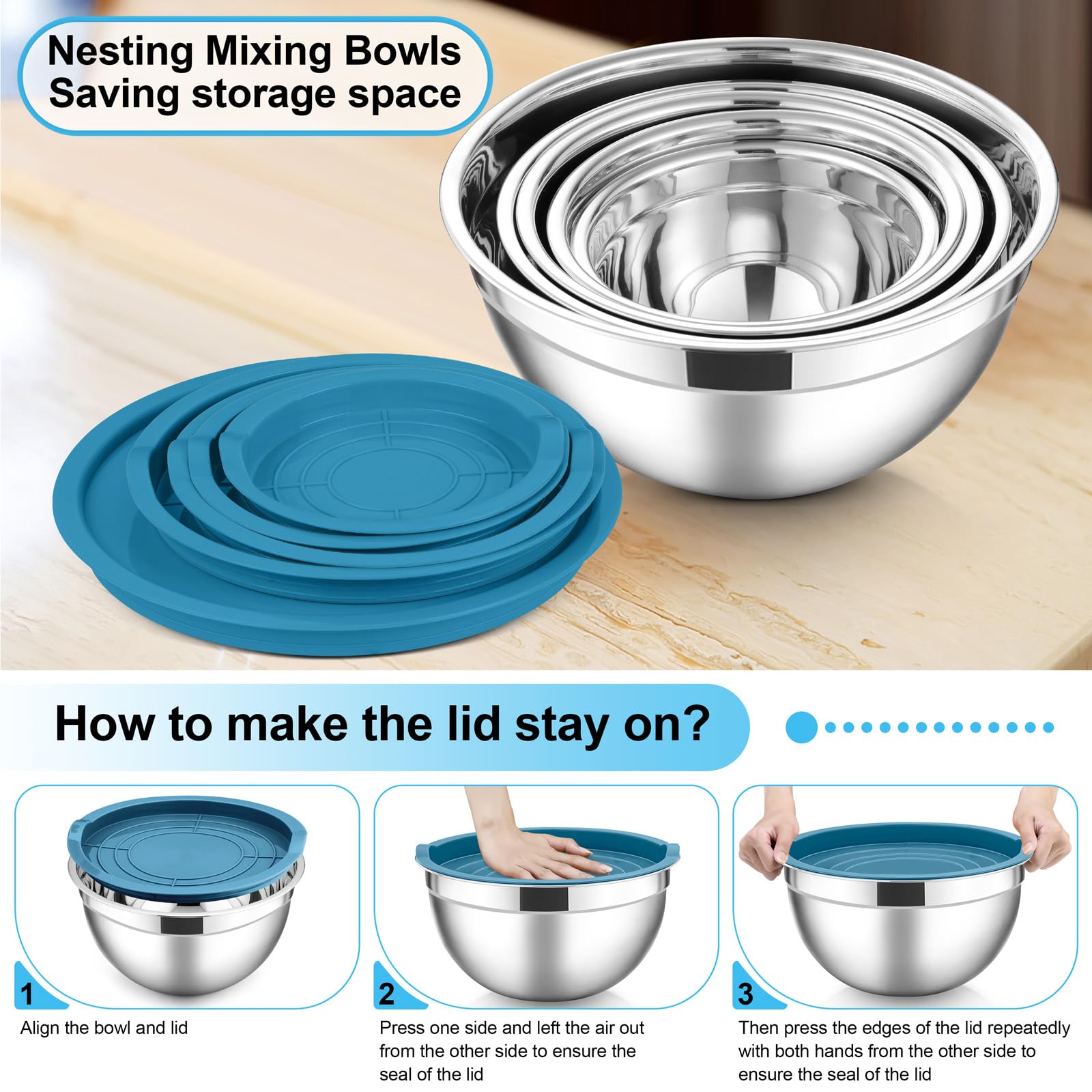 HaWare Set di 5 ciotole in acciaio inox per cucinare da cucina, servire, coperchi ermetici, ciotole in metallo salvaspazio dimensioni 0.7/1.2/1.5/3/4.5 qt, colore: nero
