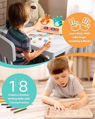 Miniatura 5 de Juguetes de aprendizaje Montessori para niños pequeños de 2 a 4 años, tablero de doble cara para contar con los dedos y trazar números, bloques de