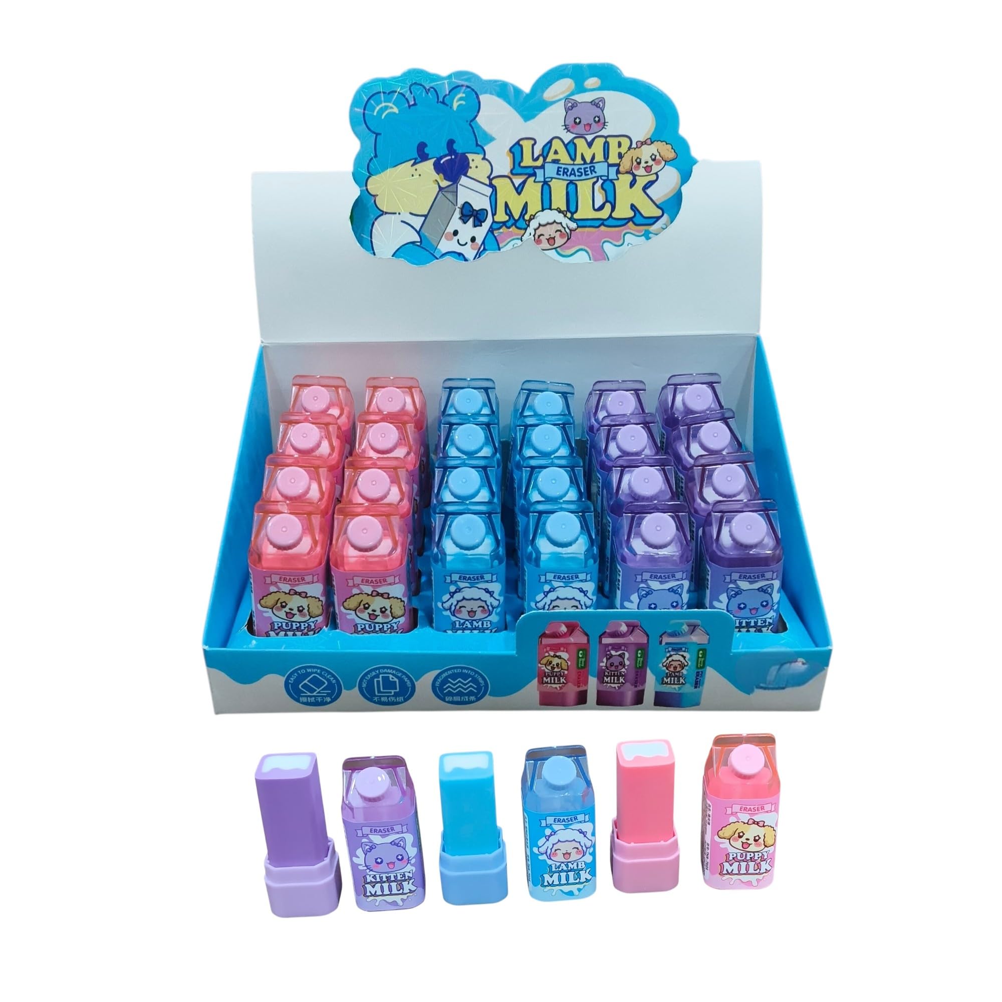 LIGHTER HOUSE Milk Bottle Shape Long Erasers, Cute Kawaii Animal Theme, Assorted Colours, for Kids, 06 Pcs. Pack-image-12