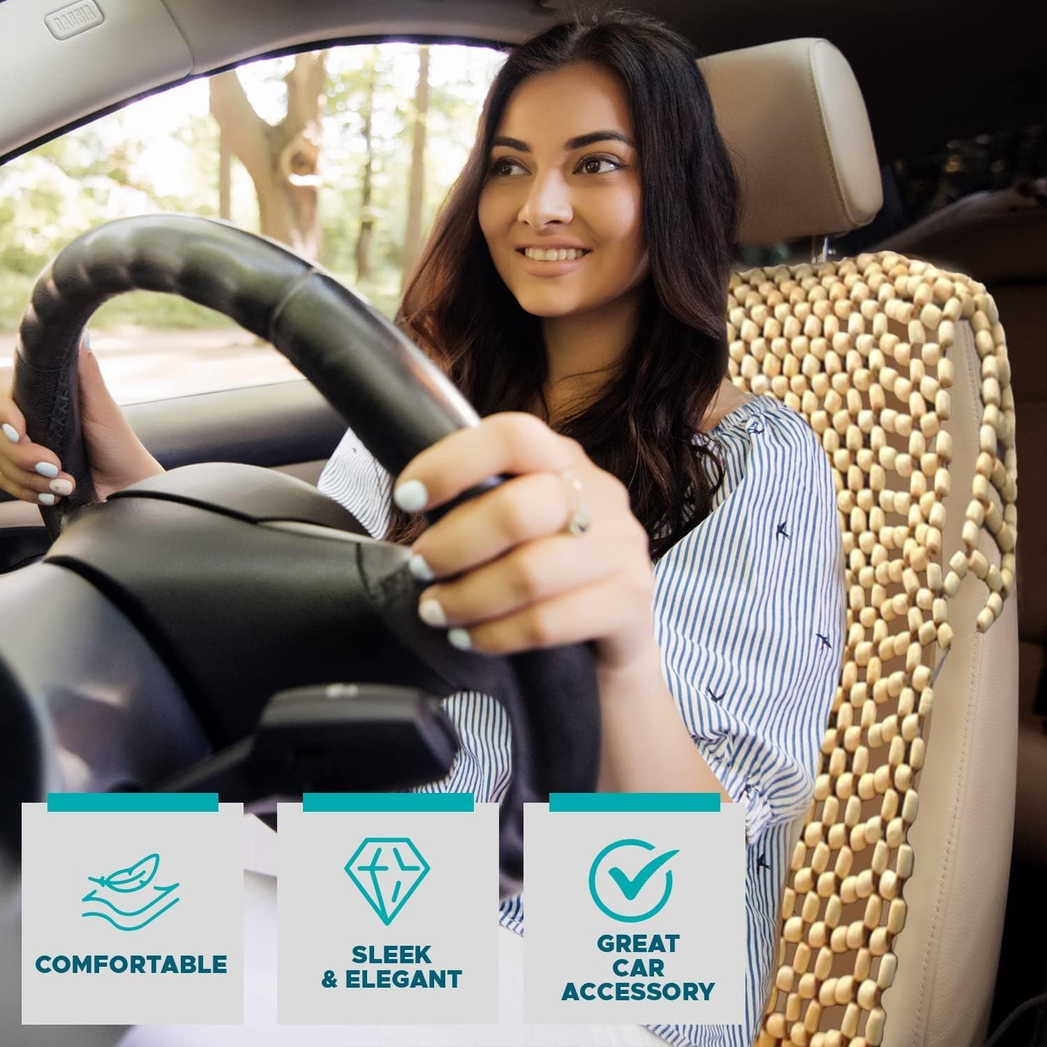 VaygWay Cuscino per sedile auto con perline in legno naturale resistente e doppio filo, cuscino di supporto massaggiante ventilato per auto, camion e sedie da ufficio