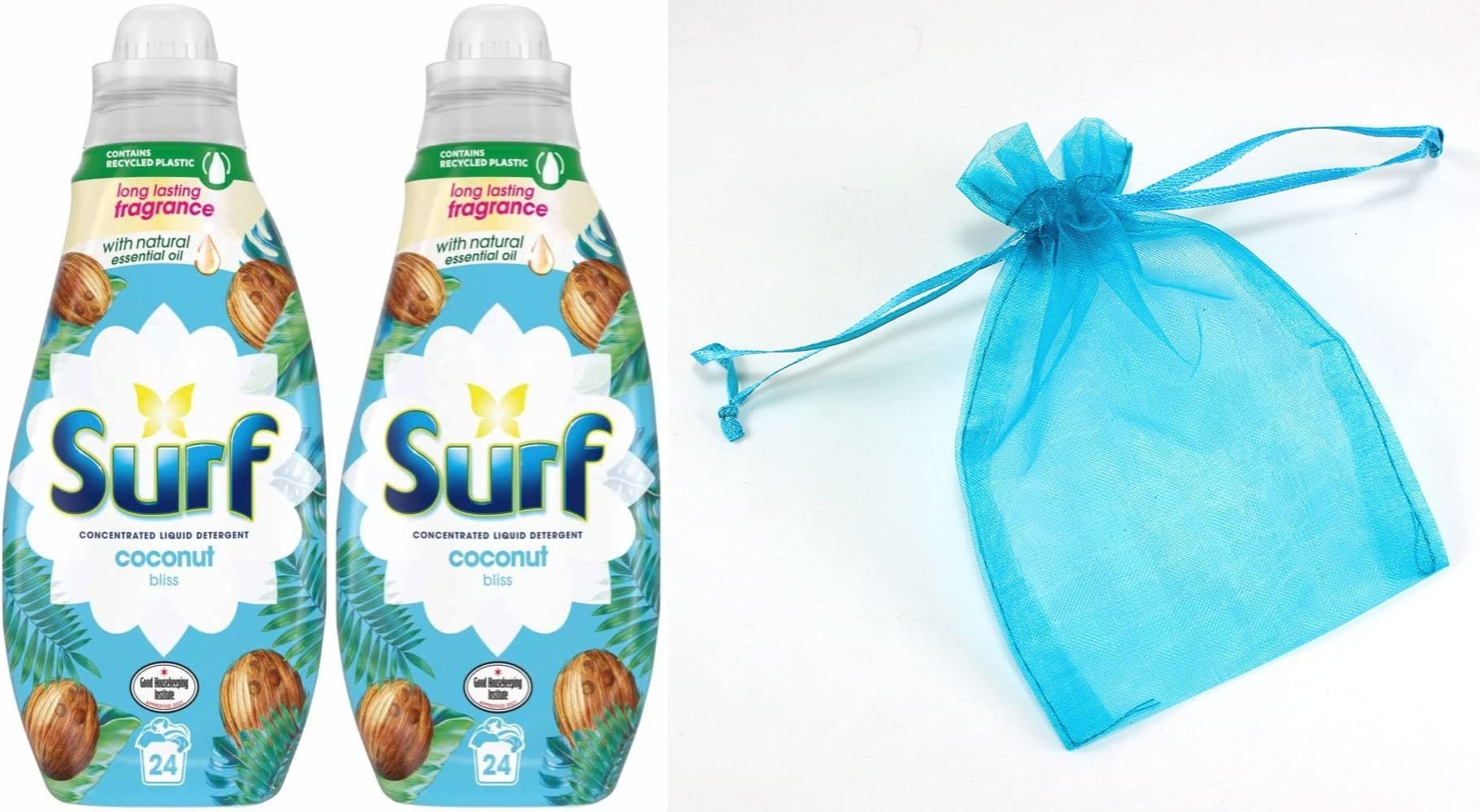 Surf Concentrated Liquid Laundry Detergent, Pack of Two, 2 x 24 Washes, 2 x 648 ml, Coconut Bliss Scent + Our Gift for You - Organza Bag Size 9 x 7 x 0.1 cm