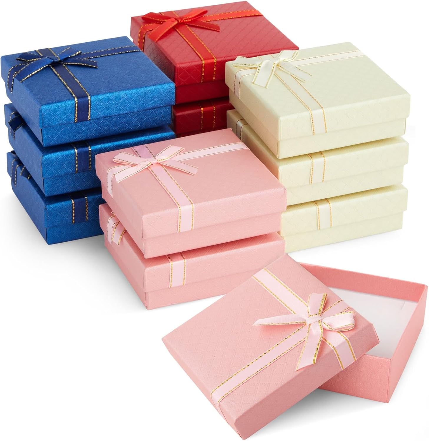 Bright Creations Cardboard Jewelry Gift Box Set - Bulk Gift Boxes with Lids & Ribbon Bows - Packaging for Rings & Necklaces - Earring Case & Bracelet Cases - Pack of 12, 3.5 x 3.5 x 1 in, 4 Colors