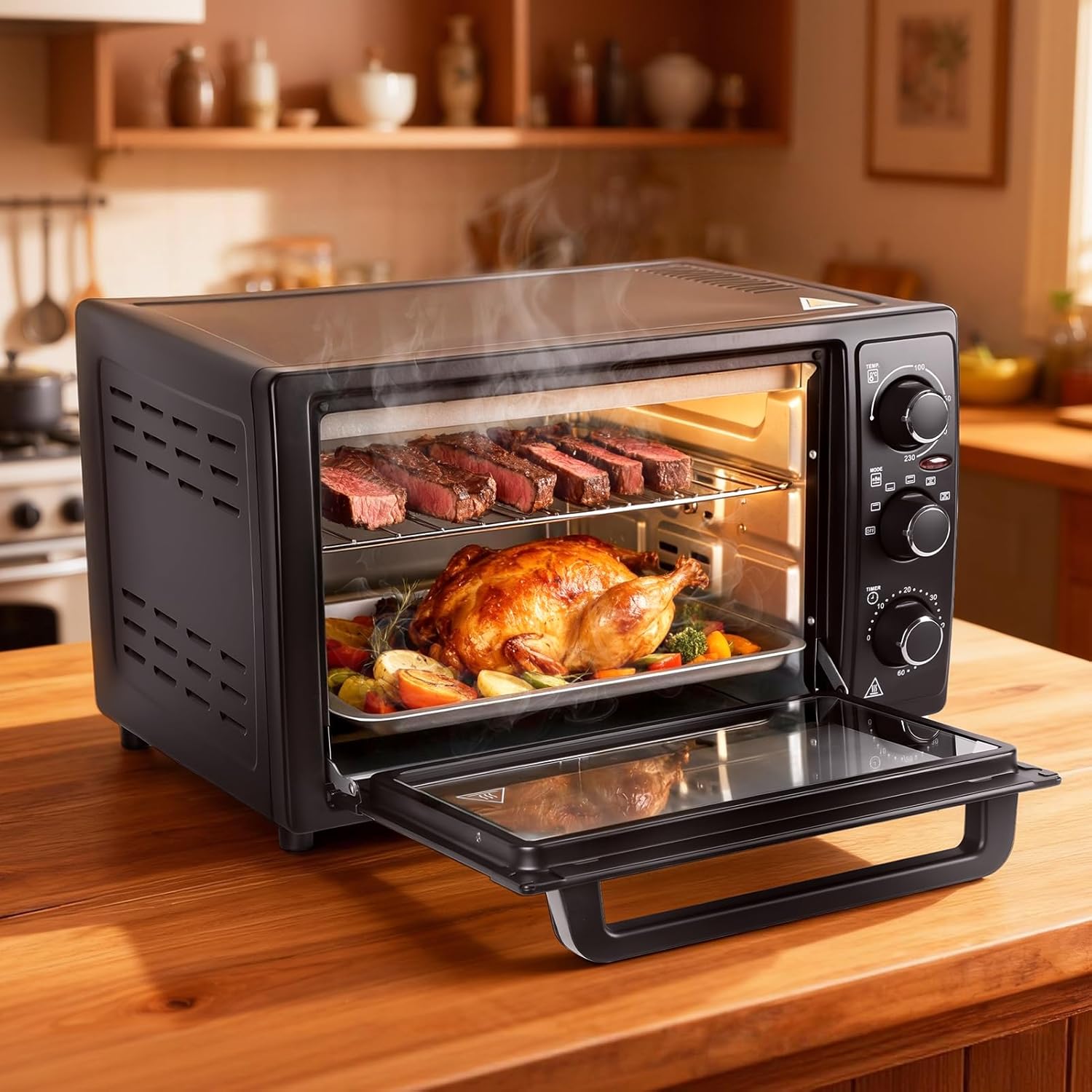 34QT/32L Kitchen Convection Oven, 1500W, Multi-Functional Countertop Toaster Oven with 60-Min Timer, Crispy Roast, Dehydrate, Rotisserie, 6 Accessories Included Black