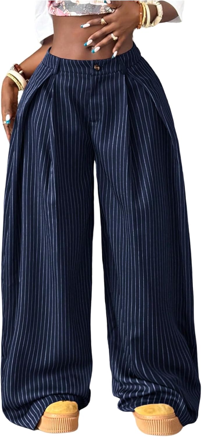 GORGLITTER Women's Baggy Dress Pant Low Rise Pleated Barrel Cargo Oversized Wide Leg Business Casual Trousers