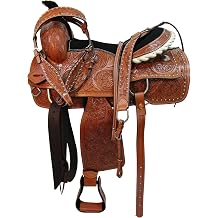 Western Barrel Saddle Set Brown Hand Tooled Leather Horse Saddle with Headstall, Breast Collar & Reins for Rodeo, Trail & Pleasure Riding 1219 Inch