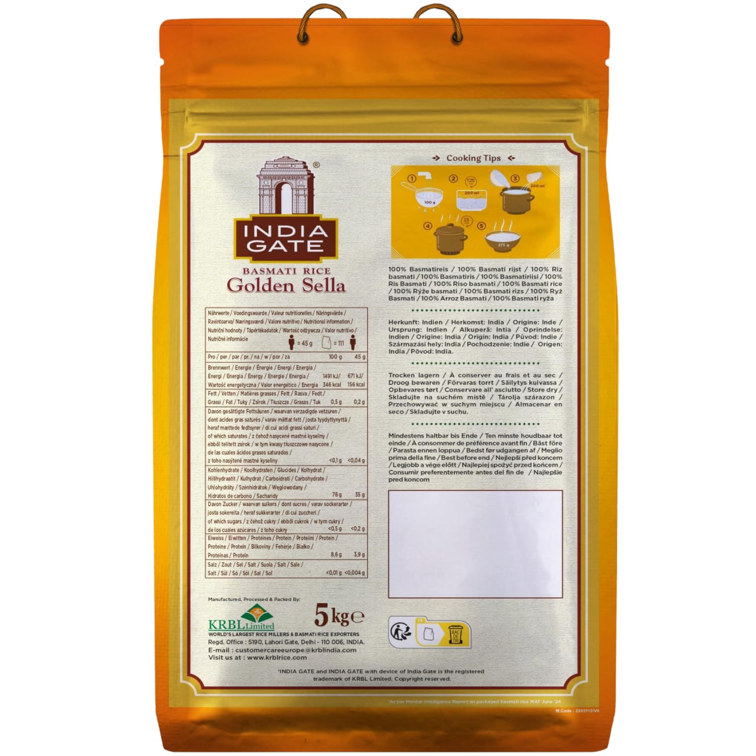INDIA GATE - Golden Sella Basmati Reis - 4 X 5 KG - Multipack