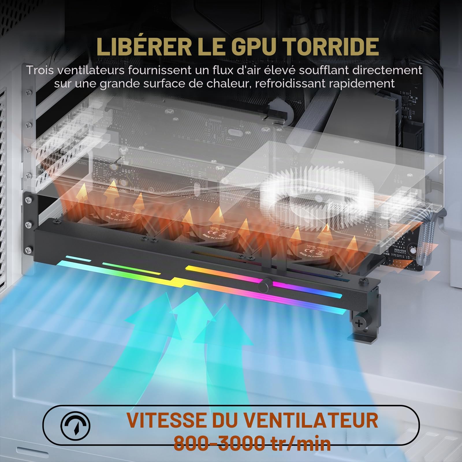 AsiaHorse Ventilateur PWM 80 mm pour ordinateur, carte graphique avec support de carte graphique, 5 V 3 broches ARGB, GPU, avec contrôle Aura Sync jusqu'à 3000 tr/min, noir