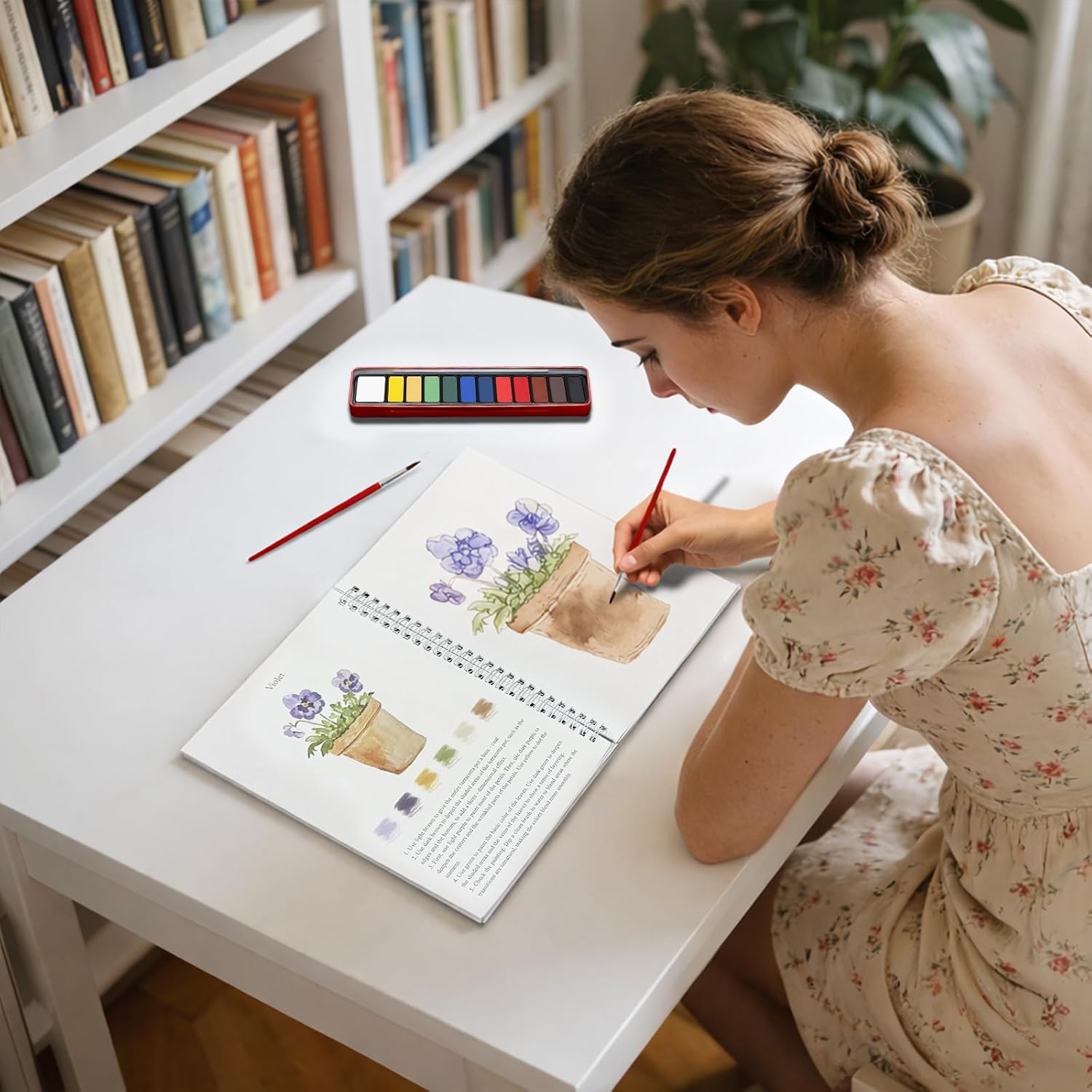Joyzan Watercolor Workbook, Beginner Water Color Book Coloring Painting Kit 12 Spiral Bound Pages Friendly Adults 12 Colors Paint Brush Set Easy Nature Scenes Art DIY Crafts Plants Christmas Gift