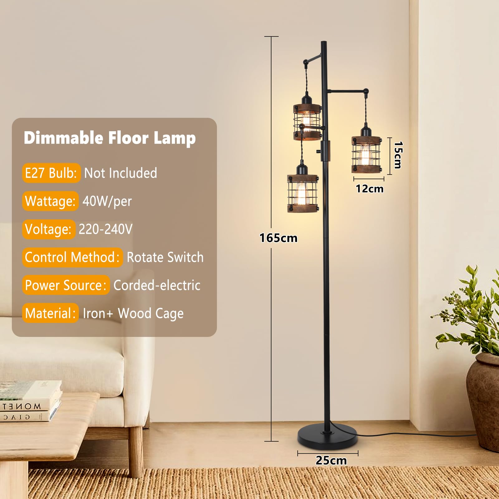 Rayofly Lampada da Terra Vintage Dimmerabile con 3 Luci e Paralume in Legno | Lampada da Terra Nera Soggiorno, Luce da Terra Industriale Camera da Letto con Paralume in Legno, Luce da Tavolo, Floor Lamp