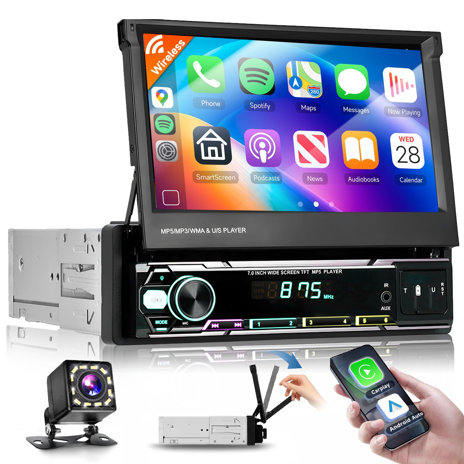VECHTEL 7" Radio para Auto 1 DIN con Pantalla táctil retráctil Manual,Carplay inalámbric Android Auto,Carpa Colorida,FM/Am/RDS Radio con Bluetooth,2USB,cámara de visión Trasera/Control en el Volante