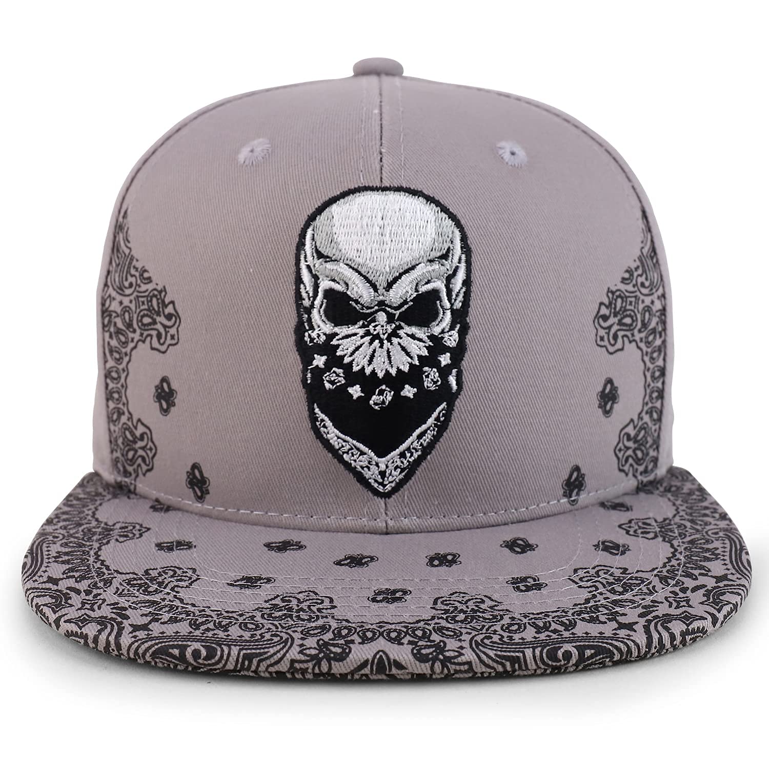 Trendy Apparel Shop Skull Bandana Embroidered Snapback with Paisley Print Flatbill Cap