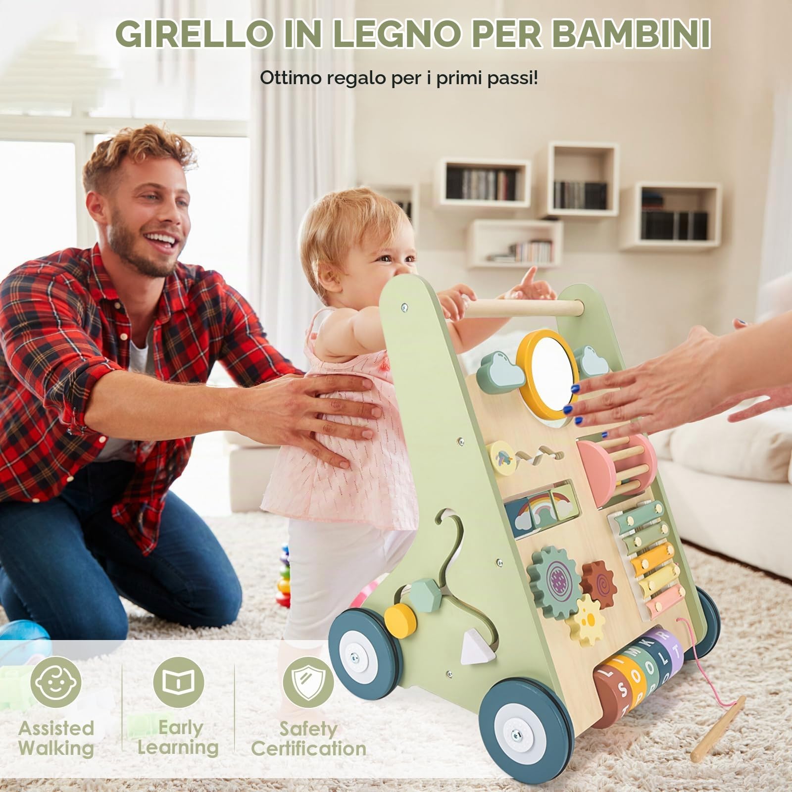 Carrello Primi Passi Legno Bambini, Giochi Montessori 12+ Mesi | 10 Attività Sensoriali, Velocità Regolabile, Xilofono Labirinto Perle Specchio, Regalo Bambini e Bambine