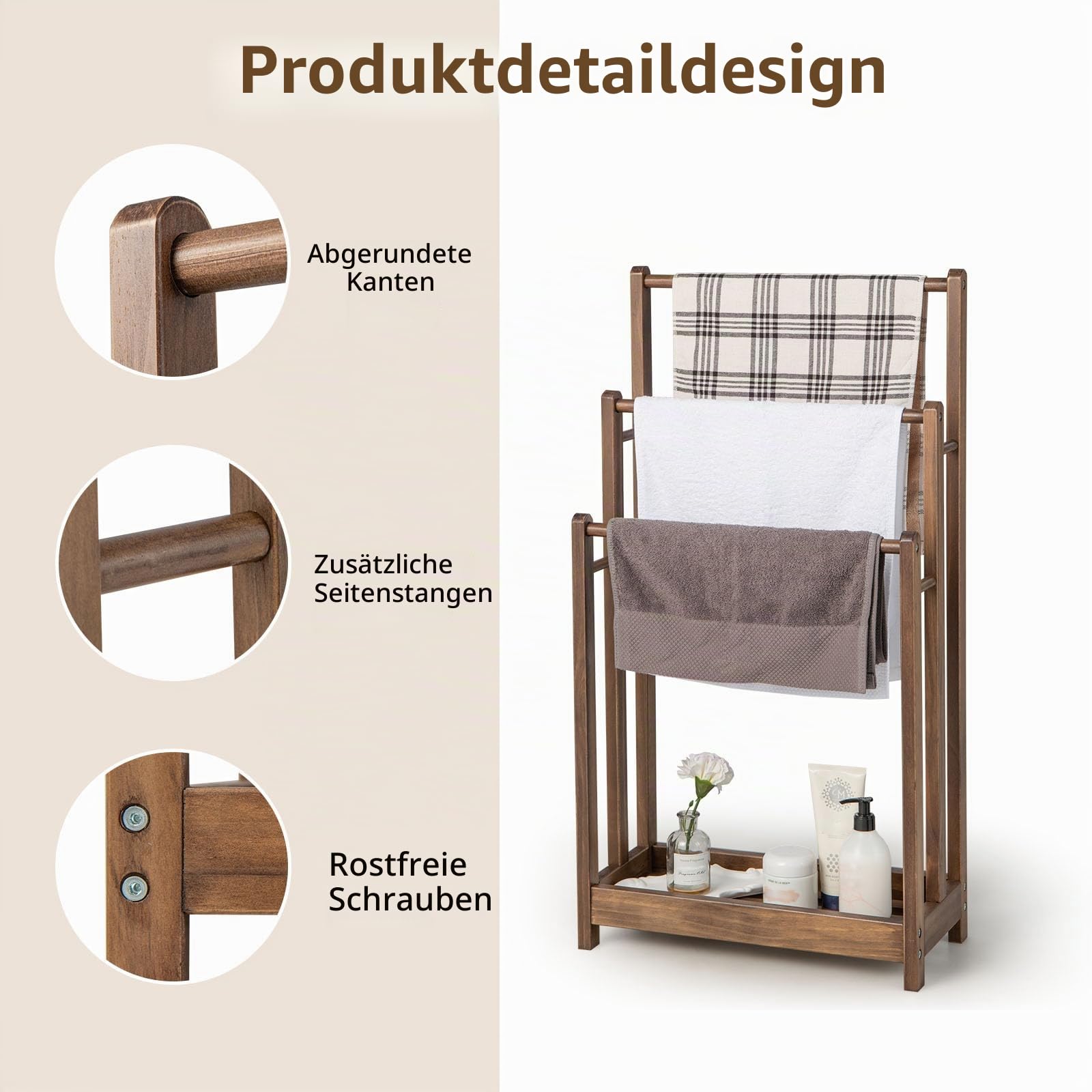 LIFEZEAL Handtuchständer Stehend, Duschtuchhalter Handtuchhalter Holz, Badetuchhalter Freistehend mit 3 Handtuchstangen & Ablage, Standhandtuchhalter 3-armig für Bad (Braun)