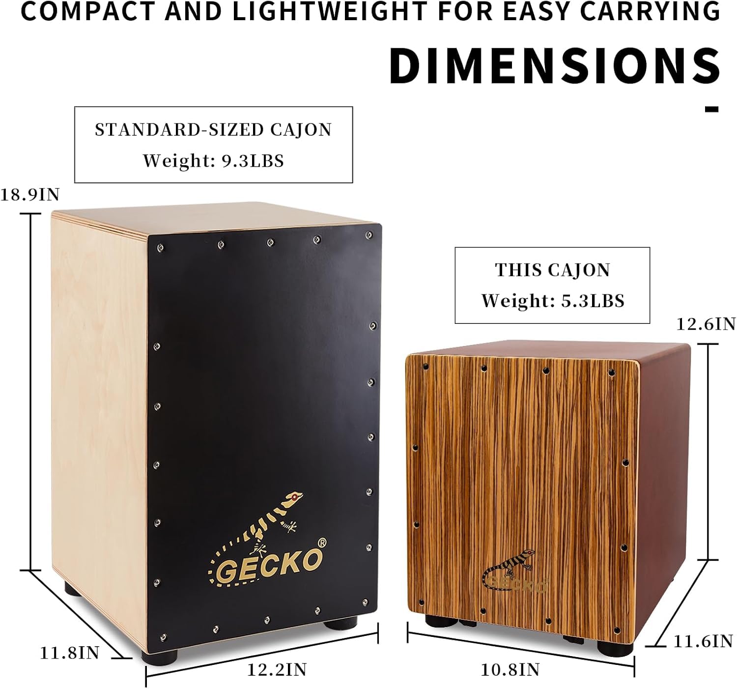 GECKO Cajon Drum Box mit werkzeuglos einstellbaren Gitarrensaiten, Snare- und Basstönen | 32cm kompaktes Schlaginstrument für Anfänger und Profis (CM65Z)