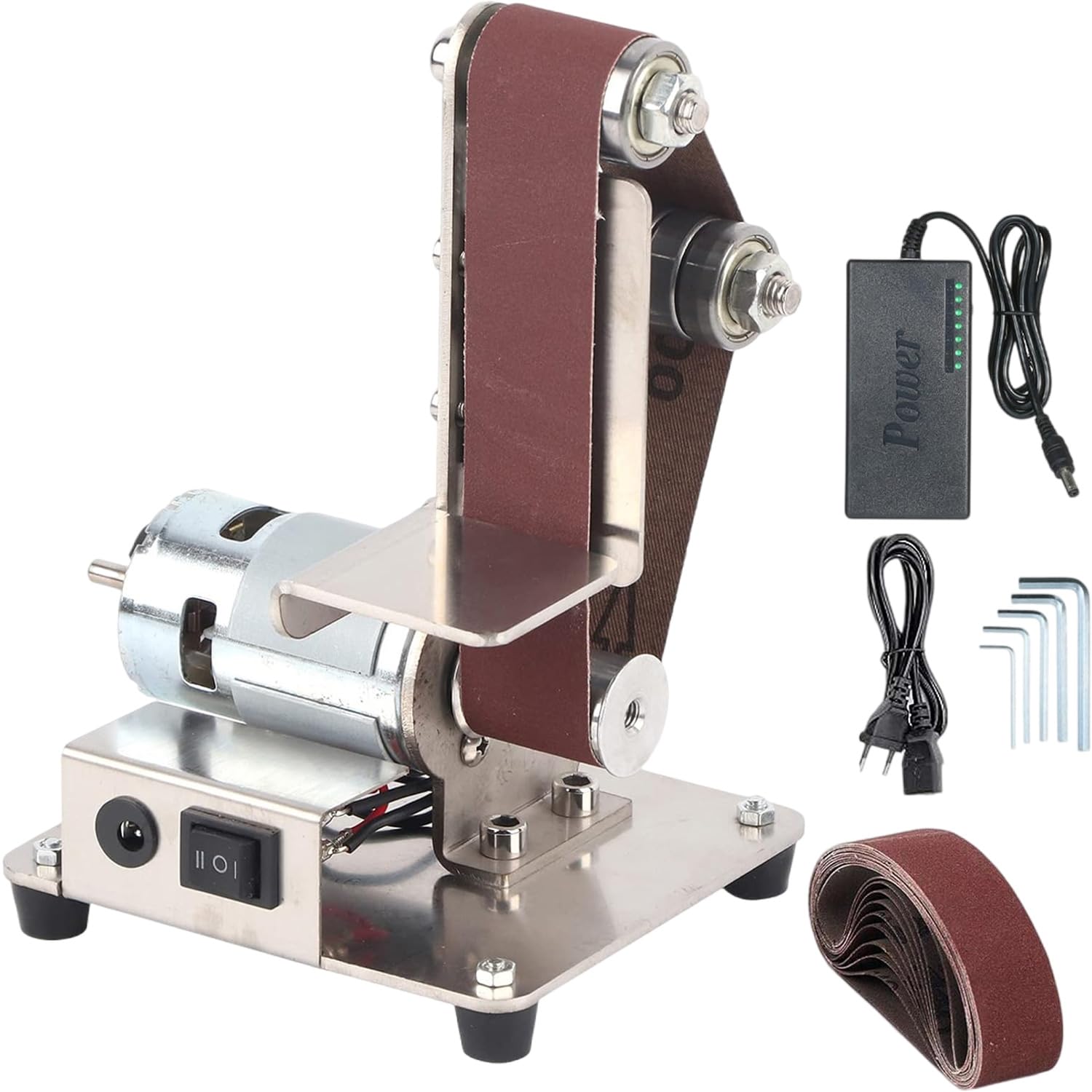 Bandschleifmaschine,Mini Elektrobandschleifer, Elektrischer Bandschleifer - 7 Gang, mit Eingebautem Doppellager und 10 Schleifbändern,Bandtellerschleifer für Metall Holz Kunststoff Aluminium