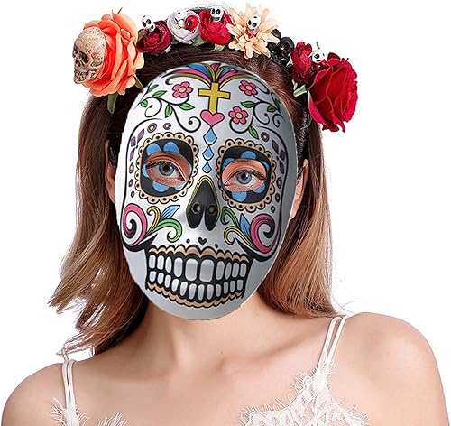 Miniatura 3 de 2 máscaras de calavera de azúcar del Día de los Muertos, máscara de cara completa para mujer, esqueleto zombi, hueso, flor, hoja, máscara para