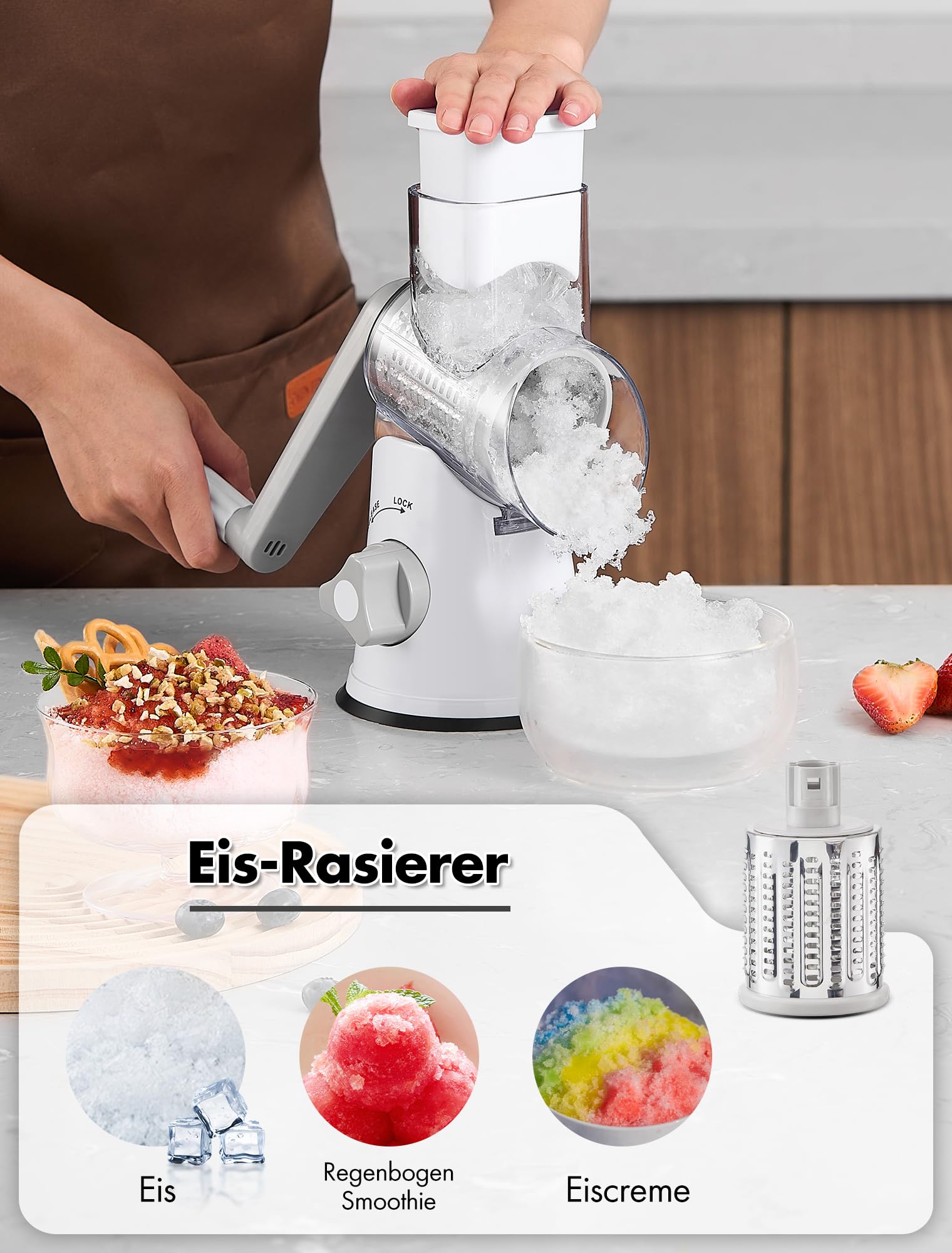 GDL Ice Crusher, Slushy Maker Maschine mit 3 Trommelmessern, Eiscrusher Manuell mit Kurbel Spülmaschinenfest und Schnellschnitt, Crushed Ice Maker Reibe für Eis, Slushy, Gurke, Karotte, Käse (Weiß)