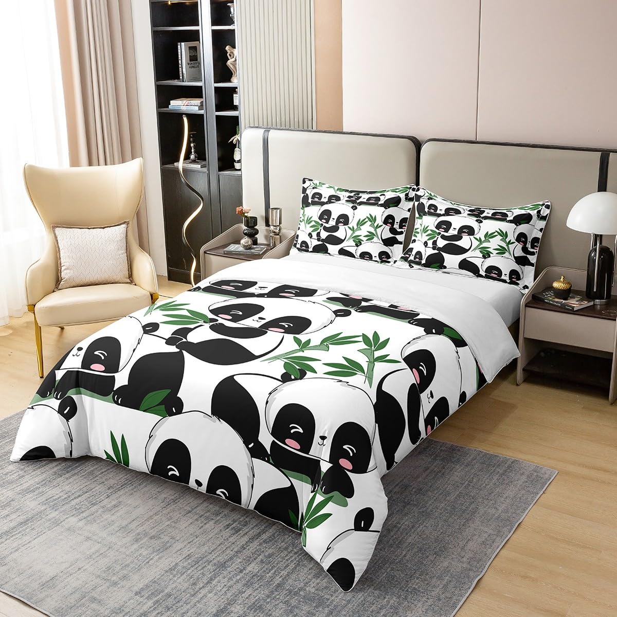 Kids Cartoon Panda Door 100% Cotton Duvet Cover Cute Animal Rugs for Living Room BedBedspread CoverKawaii Panda Bedding Set Set Green Banboo Panda Bear Printed White Comforter Cover Set Double Size - Image 2