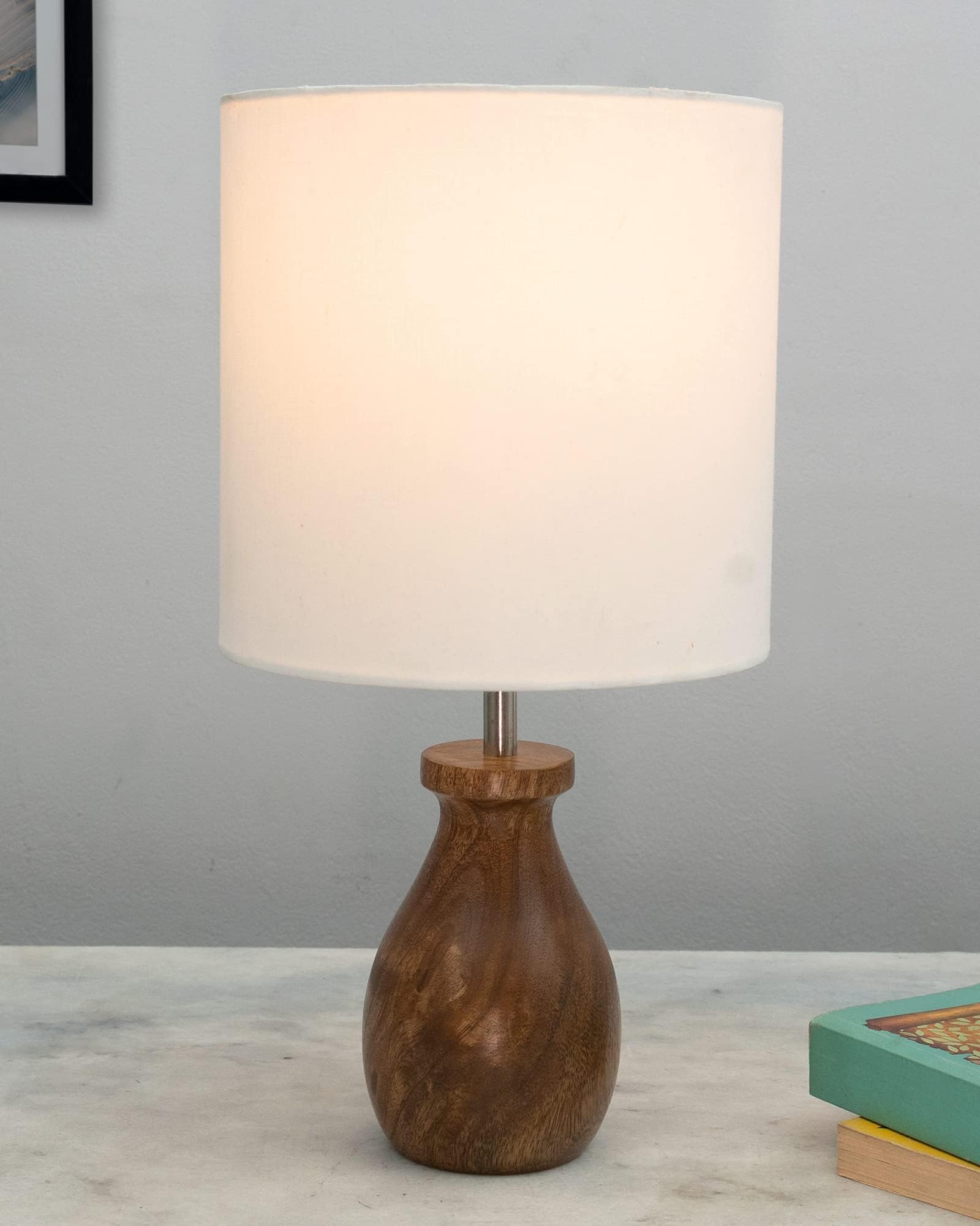 HomesakeDovel Pot, Modern LED Table Lamp with Shade, Wooden Base Modern Fabric Lampshade for Home Office Cafe Restaurant, (Pleated White)