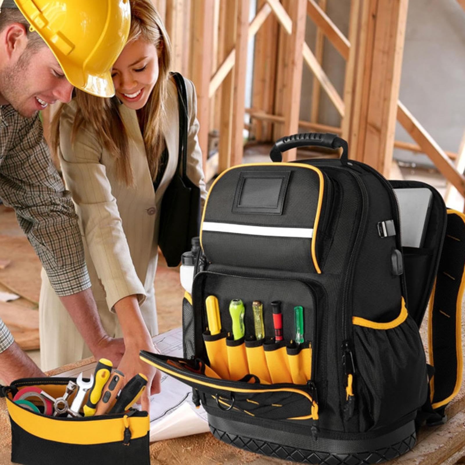 Zaino Per Attrezzi Organizzatore con Fondo Rigido | Zaino da Cantiere Per Cantiere Edile, Lavoro Di Riparazione, Progetto Domestico, Campeggio All'Aperto, Officina