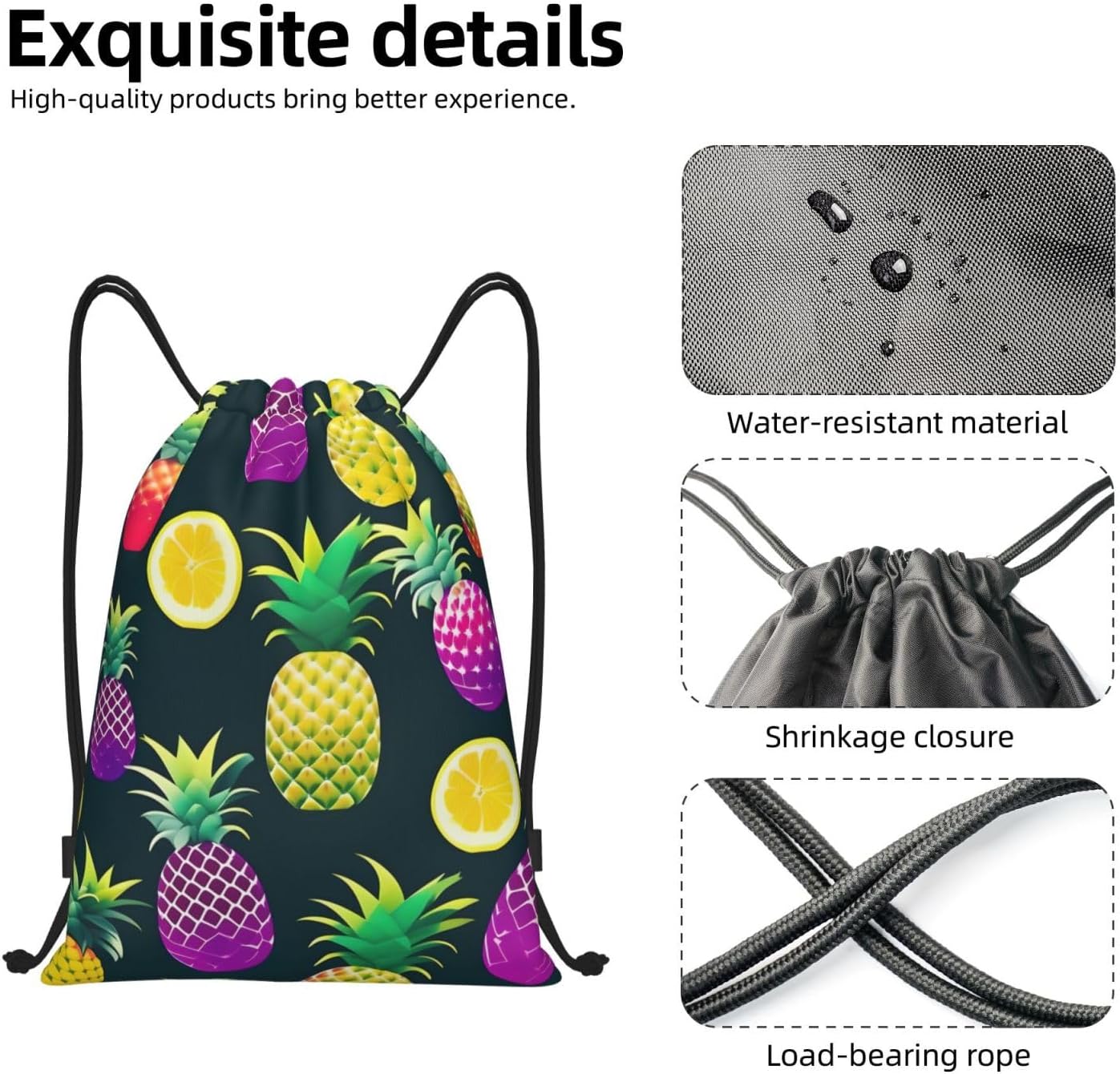 Versatile Lightweight Drawstring Colorful Fruit Pineapple Print Bags for Sports Fitness Yoga Travel Outdoor S image 5