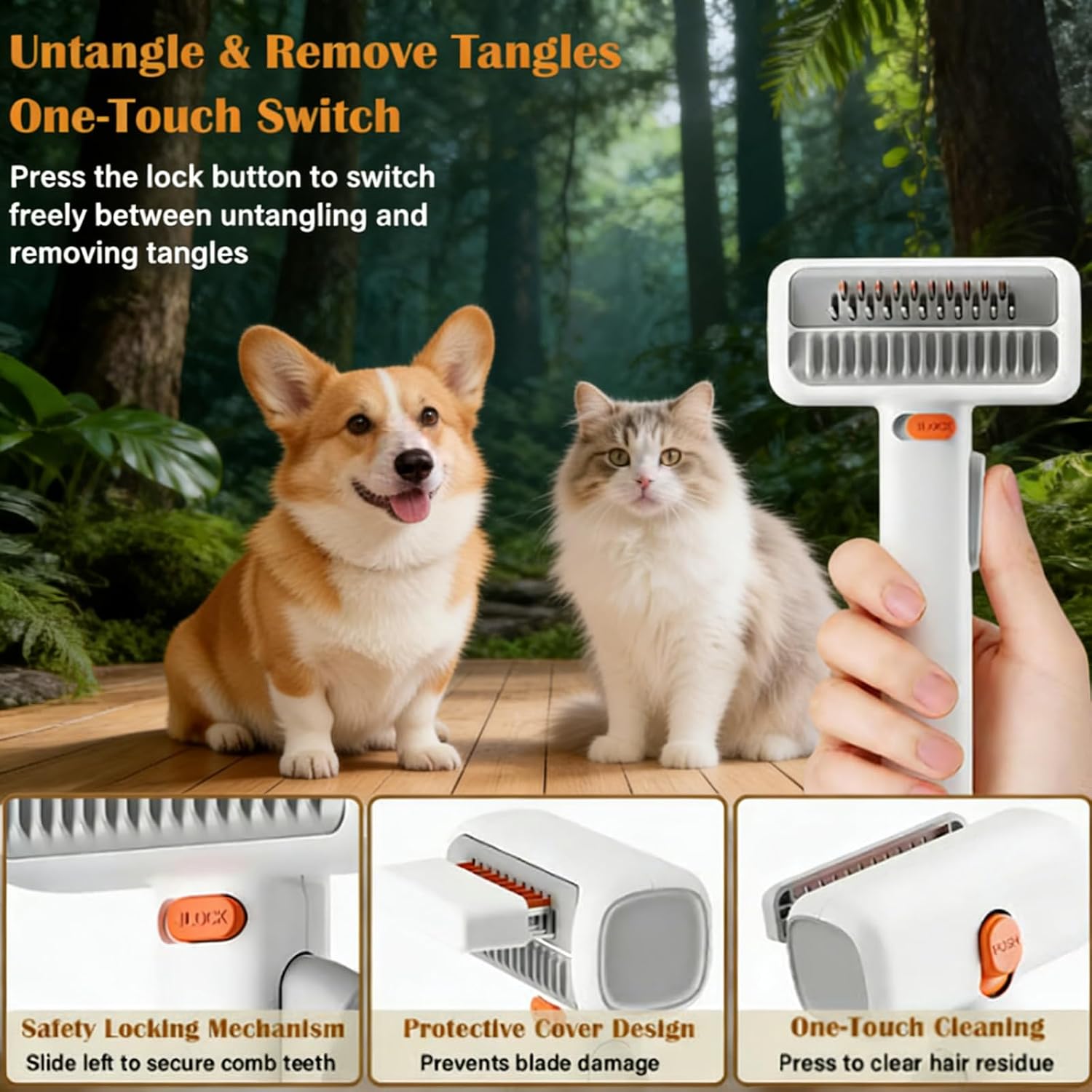 2-in-1 Pet Self-Detangling & Grooming Comb - Undercoat Rake For Dogs & Cats - Gentle Undercoat Rake & Brush for Long or Short Hair, Removes Mats, Tangles & Loose Fur (3PCS)