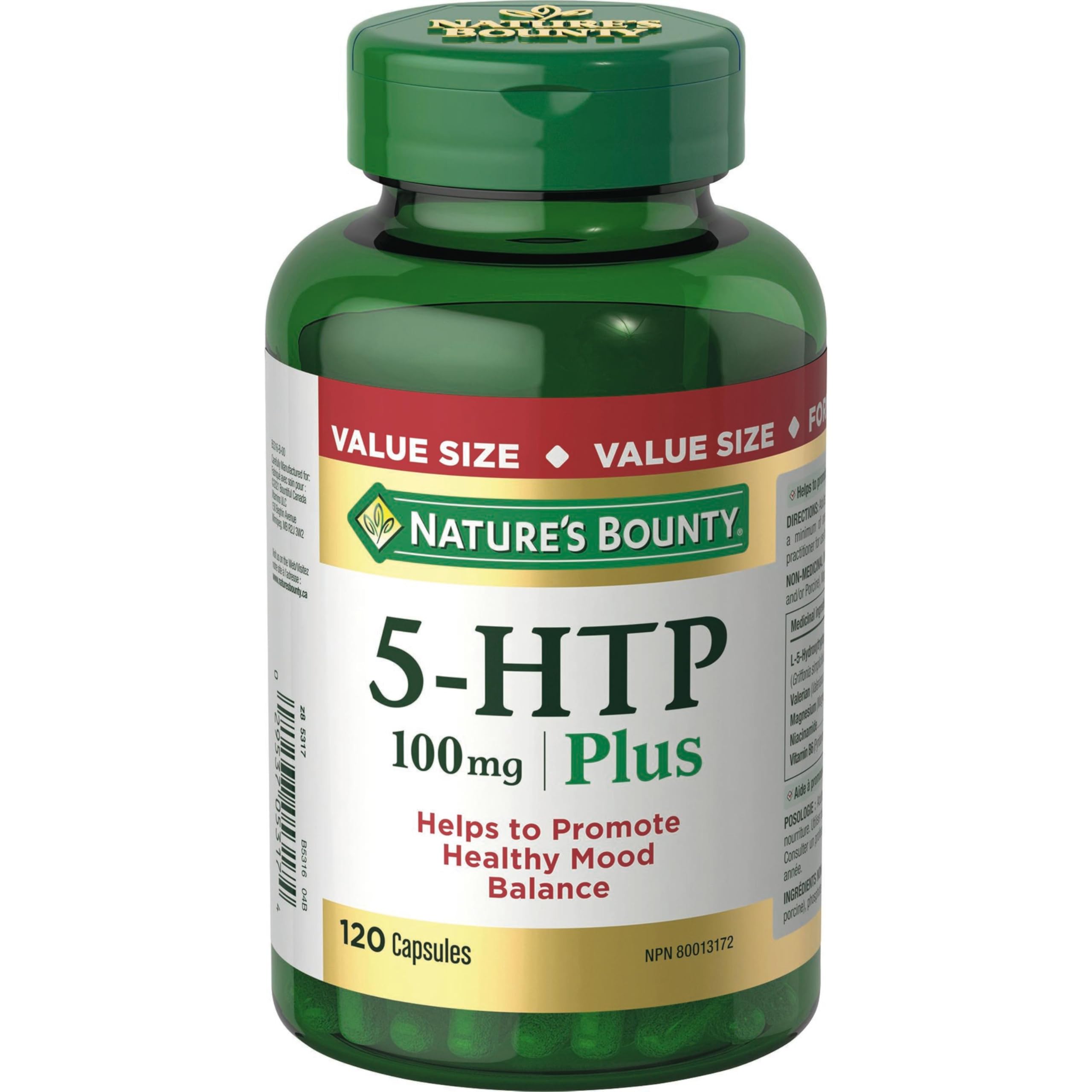 NATURE'S BOUNTY 5-HTP 100 mg Plus, Helps Promote Healthy Mood Balance, With L-5 Hydroxytryptophan, Valerian, Magnesium, Niacinimide and Vitamin B6, 51.8 g