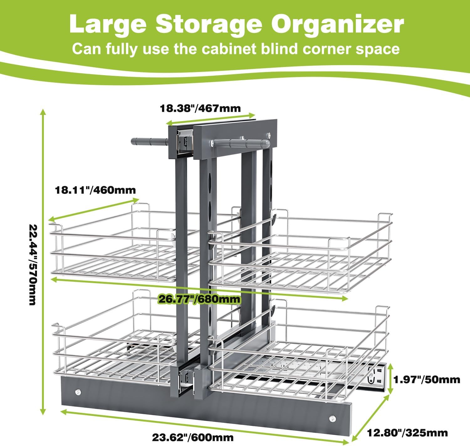 Blind Corner Pull Out Organizer for 36" Cabinet Left Open & Right Open Compatible 2 Tier 4 Shelves Adjustable Height